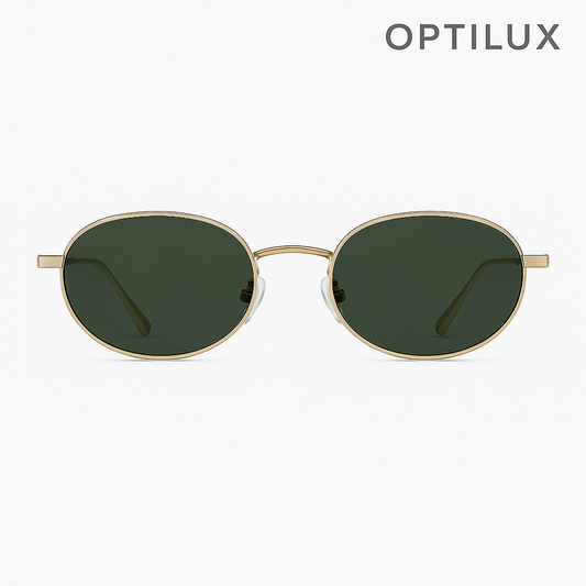 OptiLux Goudkleurige Ovale Zonnebril Elegant en Tijdloos Design